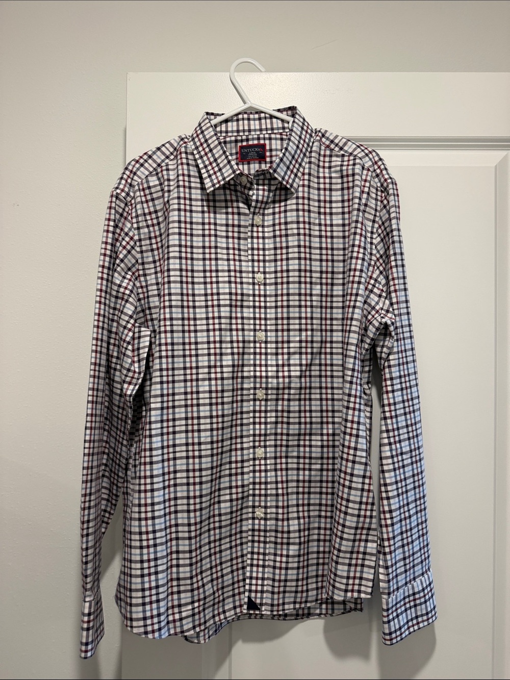 Untuck IT Classic Men’s Plaid Button-Up Shirt - White with Burgundy & Blue